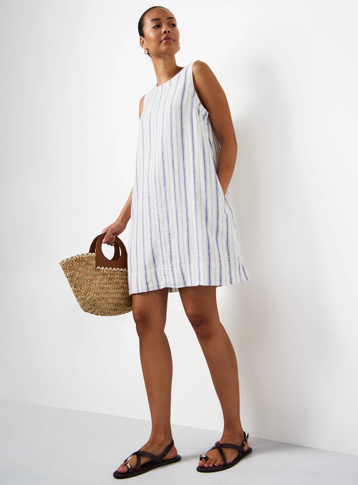 White Stripe Print Linen Rich Sleeveless Mini Shift Dress 10 - Image 2